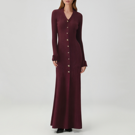 V-neck slim-fit long-sleeved knit dress