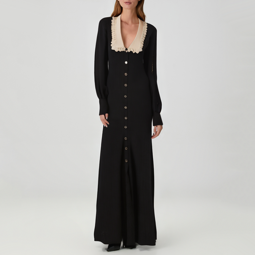 Exquisite color-blocked collared knit dress