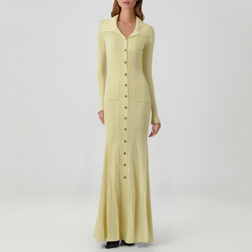 Yellow single-breasted long-sleeved knit dress