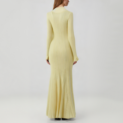 Yellow single-breasted long-sleeved knit dress