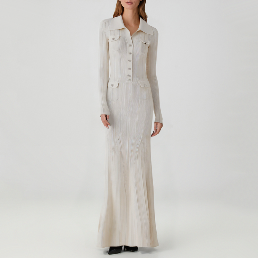 Beaded fitted long-sleeved knit dress