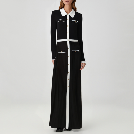 Color-blocked collared long-sleeved knit dress