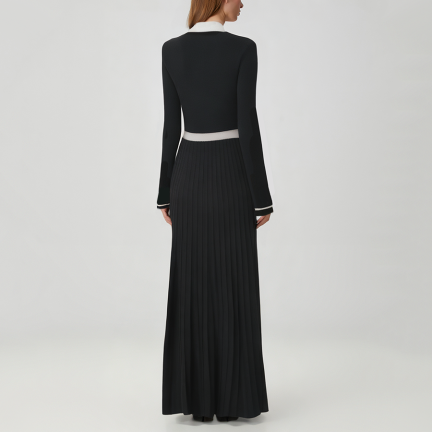 Color-blocked collared long-sleeved knit dress