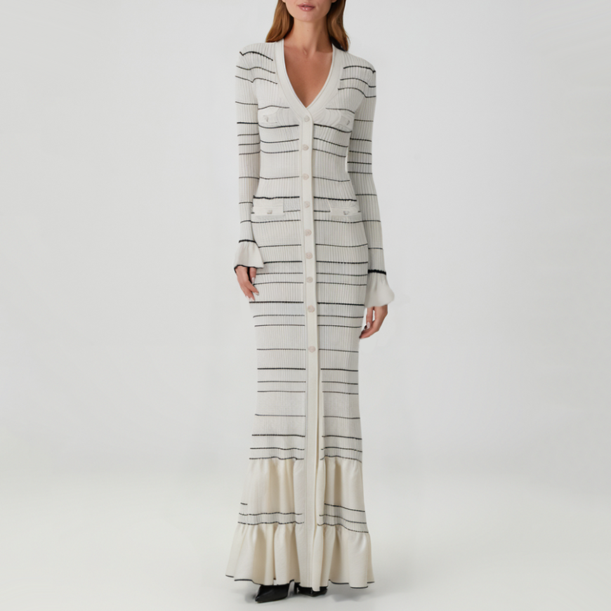 Striped V-neck long-sleeved knit dress