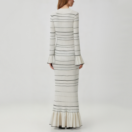 Striped V-neck long-sleeved knit dress