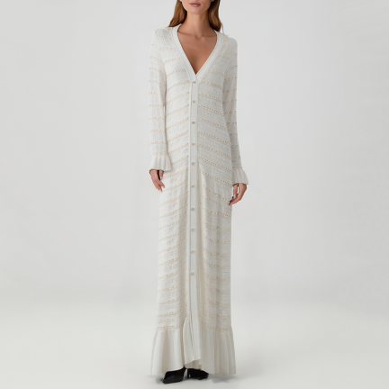 V-neck beaded long-sleeved knit dress