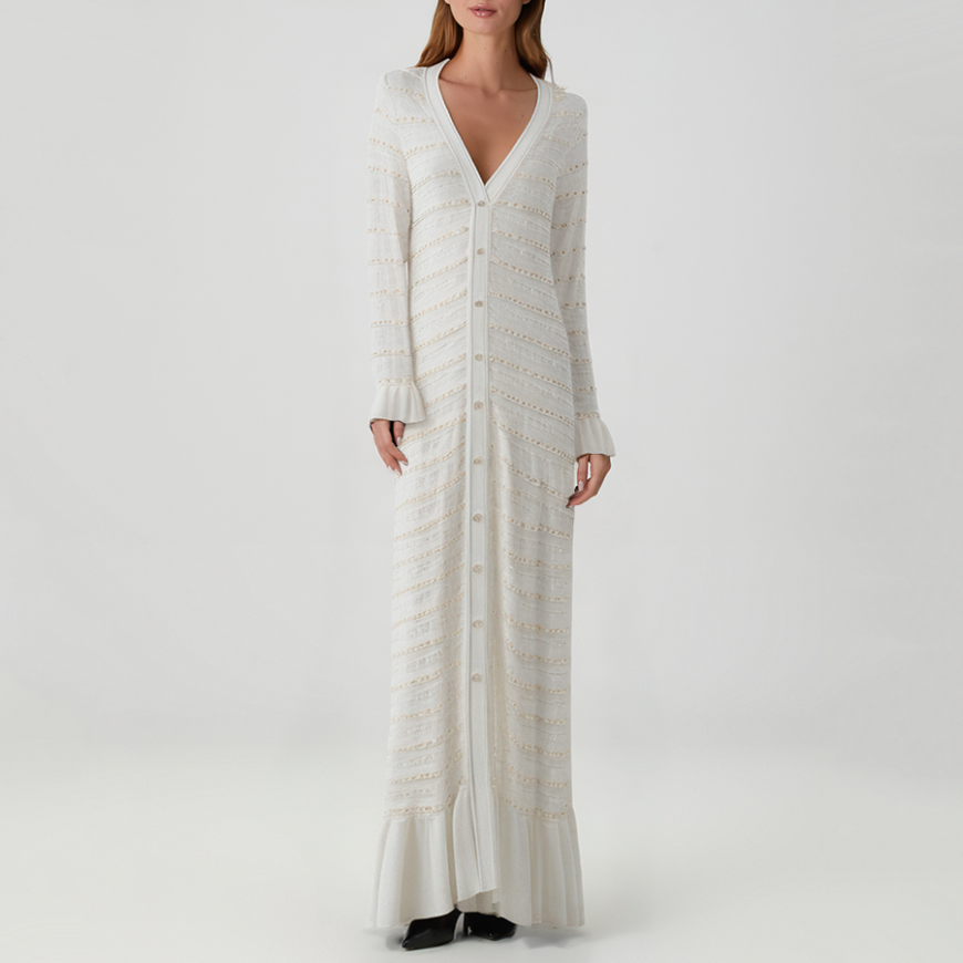 V-neck beaded long-sleeved knit dress
