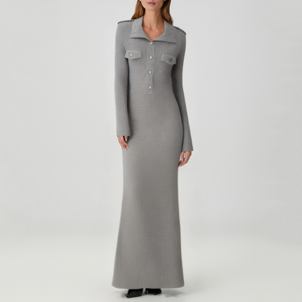 Luxury gray fitted long-sleeved knit dress