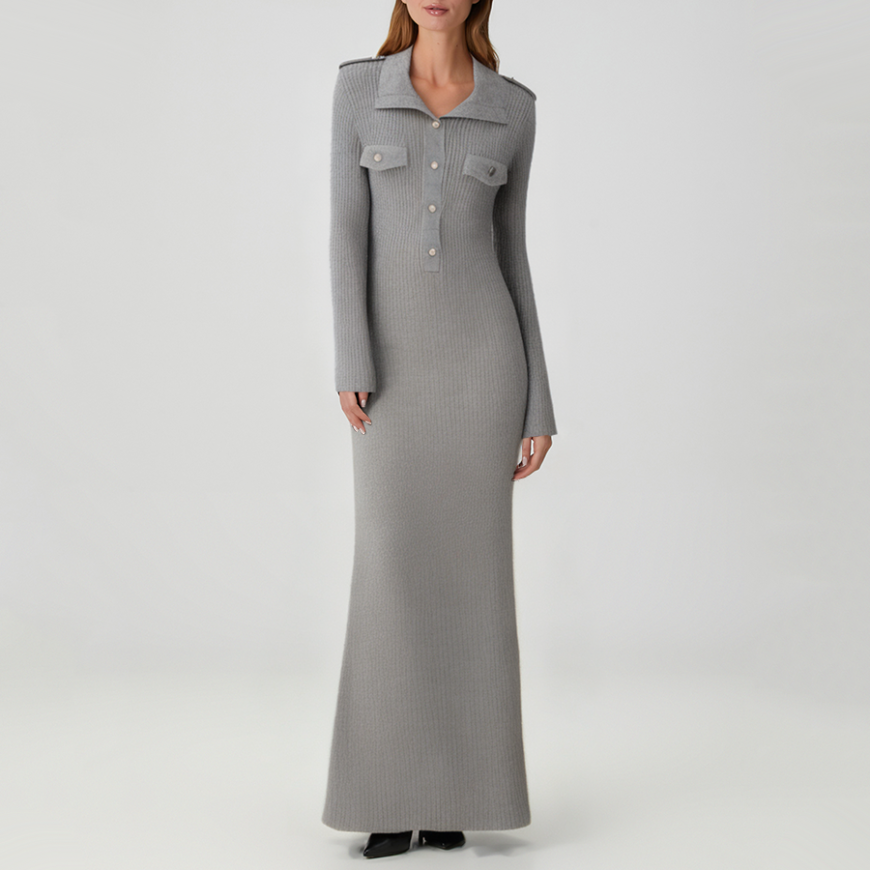 Luxury gray fitted long-sleeved knit dress