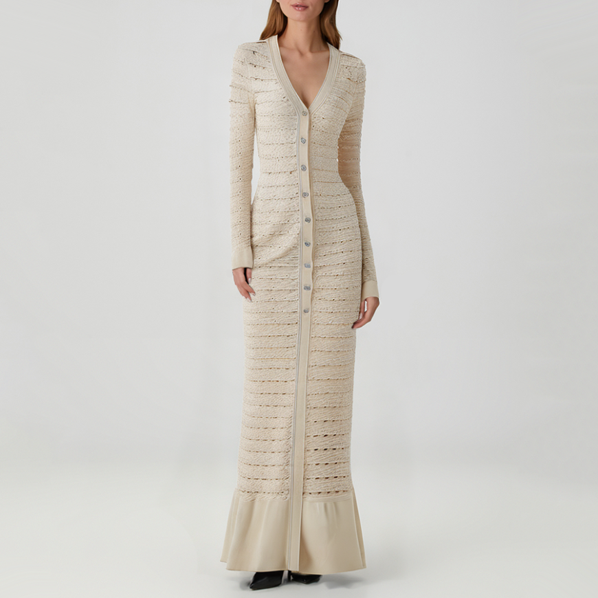 Luxury V-neck long-sleeved knit dress