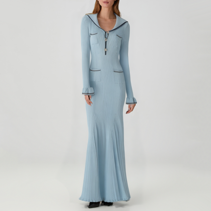Blue sailor collar long-sleeved knit dress