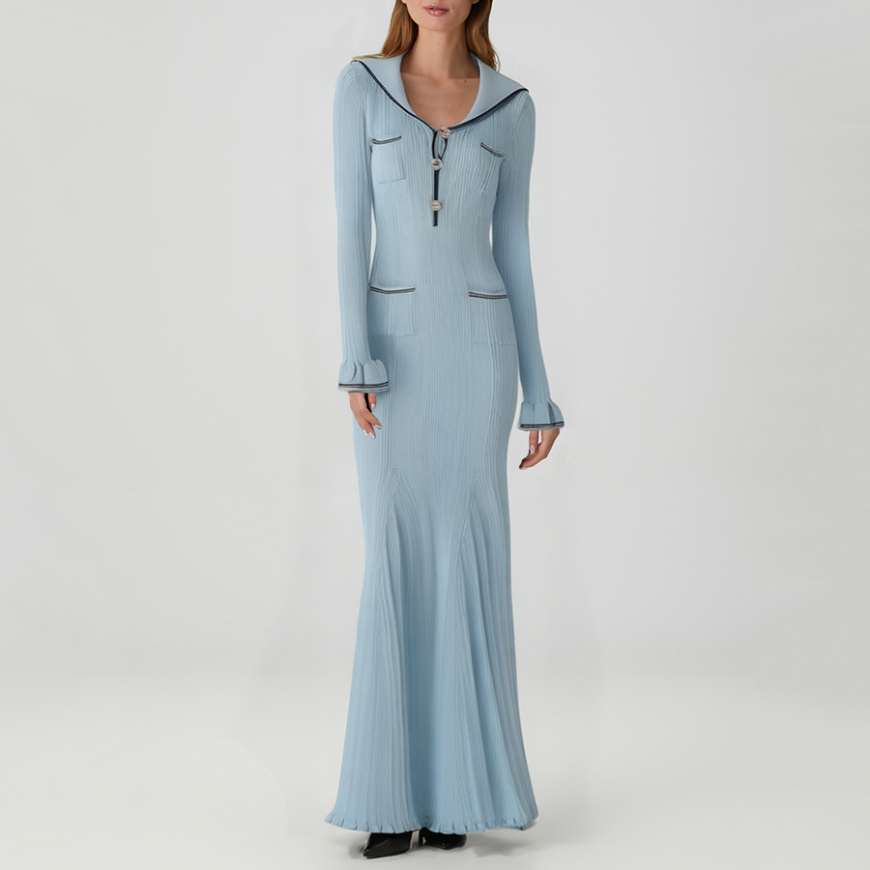 Blue sailor collar long-sleeved knit dress