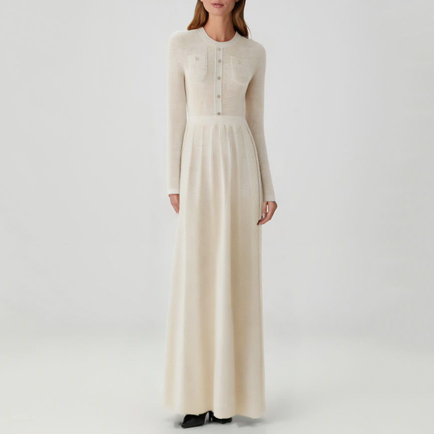 Beige round neck long-sleeved knit dress