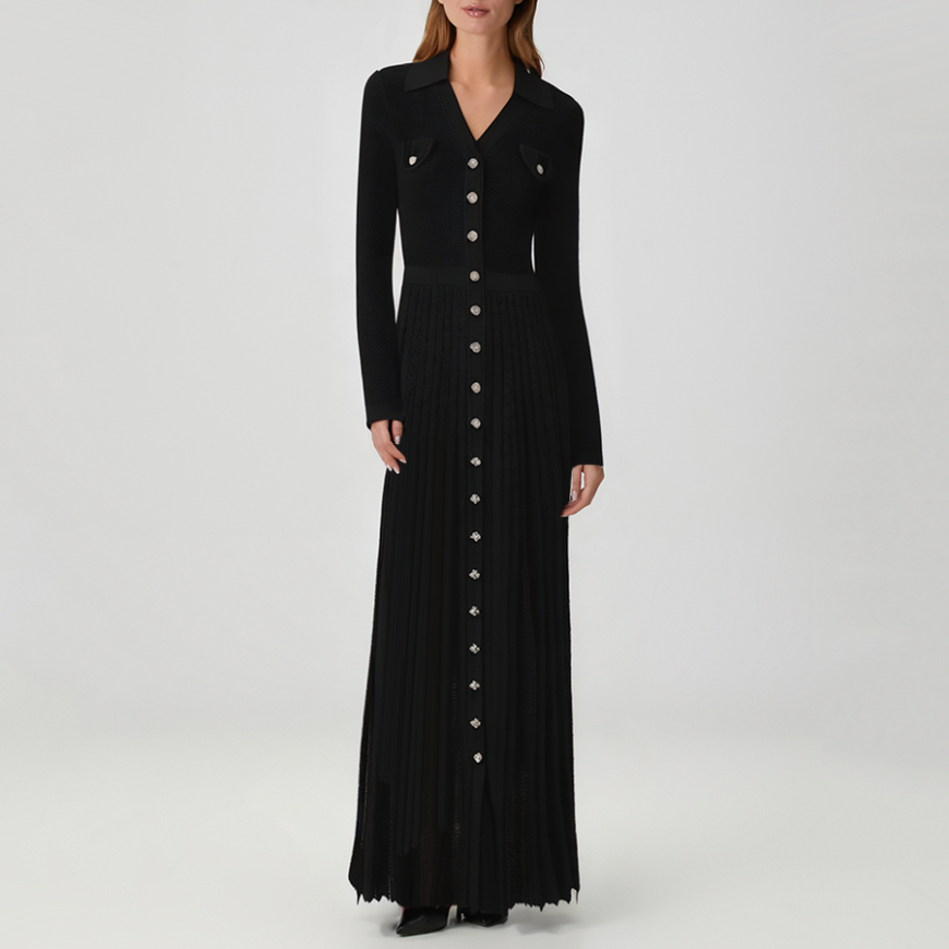 High-quality black long-sleeved knit dress