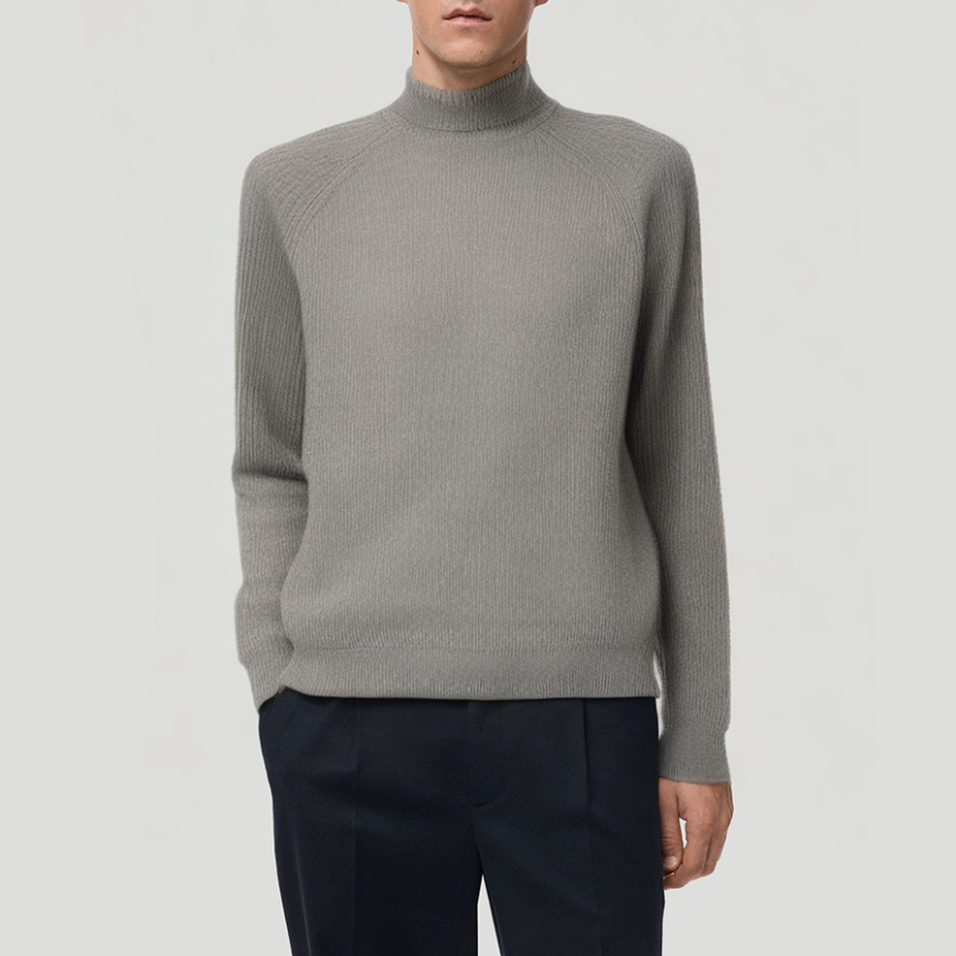 Grey ribbed knit turtleneck sweater for men