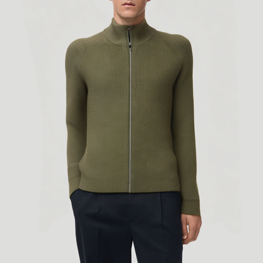 Slim fit zip-up cardigan turtleneck sweater