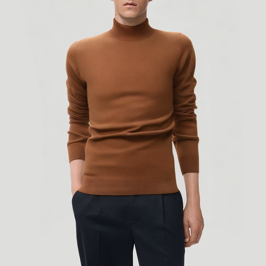 Brown slim-fit warm men's turtleneck sweater