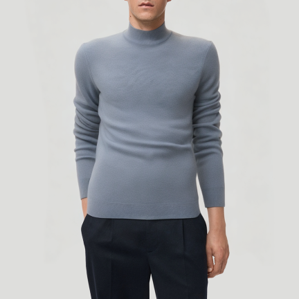 Simple blue knitted turtleneck sweater for men