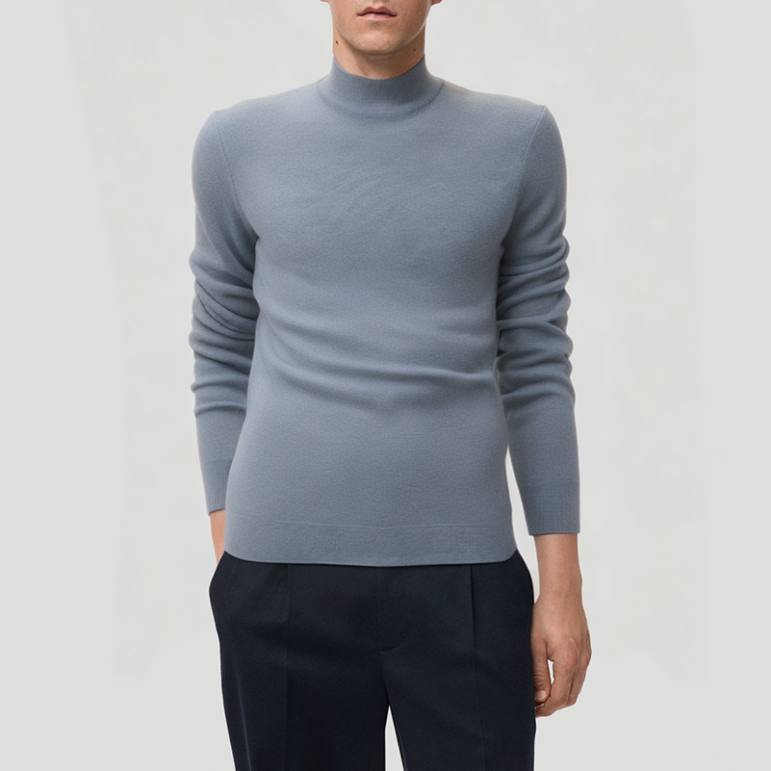 Simple blue knitted turtleneck sweater for men