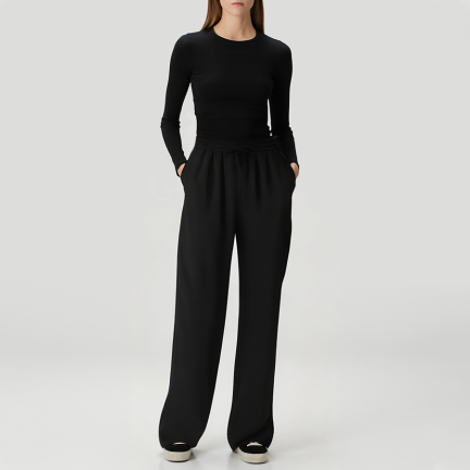 Black casual straight-leg women's fleece-lined trousers