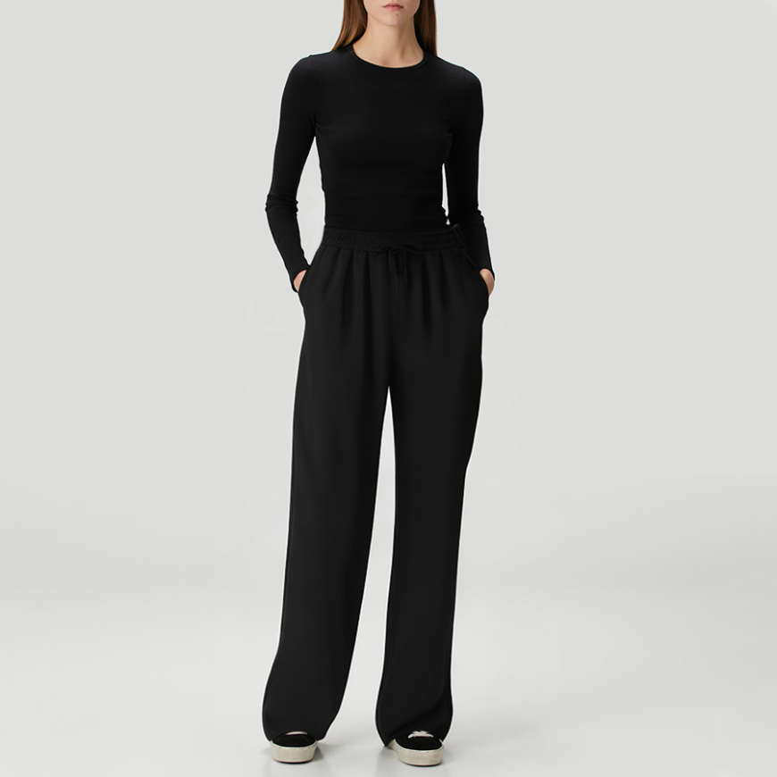 Black casual straight-leg women's fleece-lined trousers
