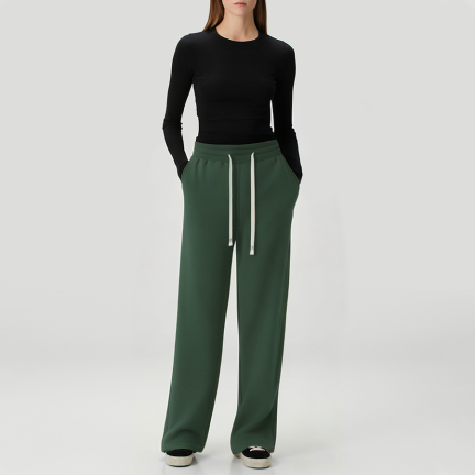 Green stretch waist straight leg women's fleece-lined trousers