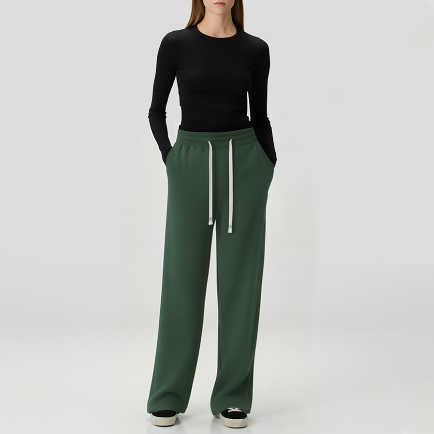 Green stretch waist straight leg women's fleece-lined trousers