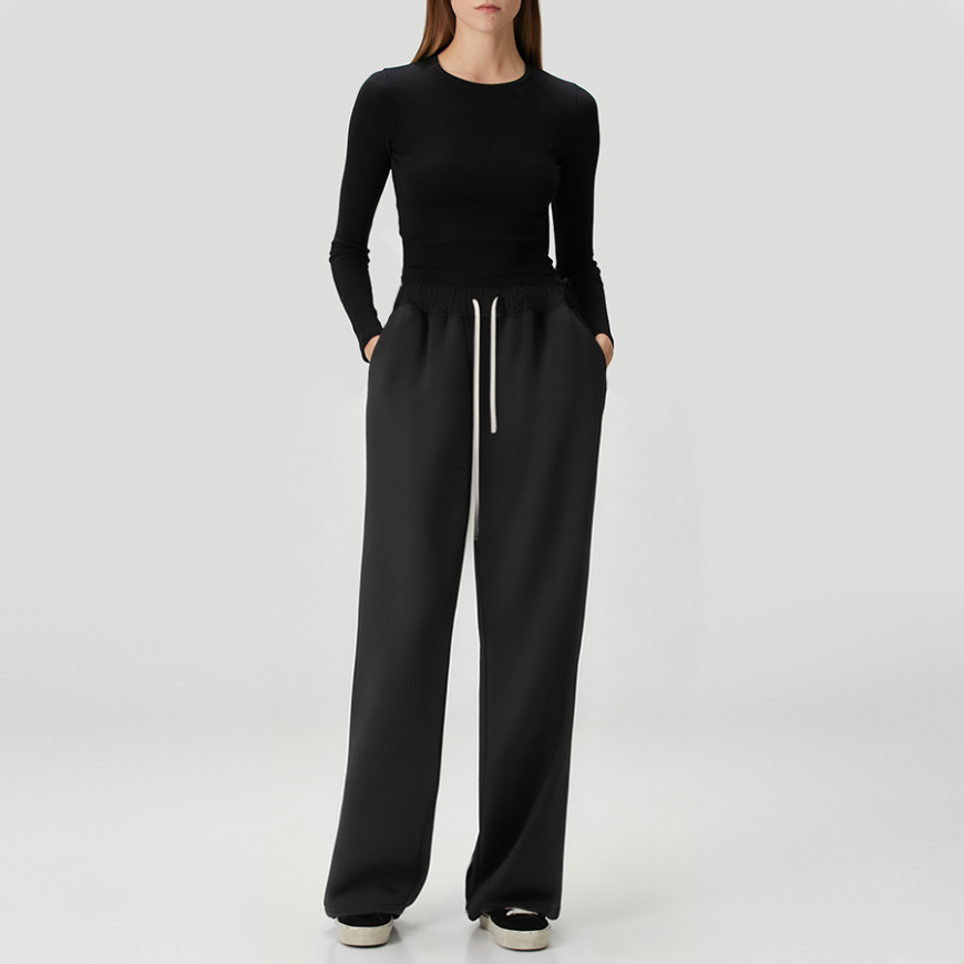 Black acid-washed women's fleece-lined trousers