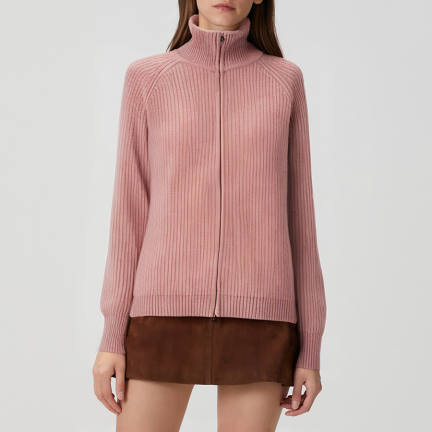 Pink double-zipper women's turtleneck sweater