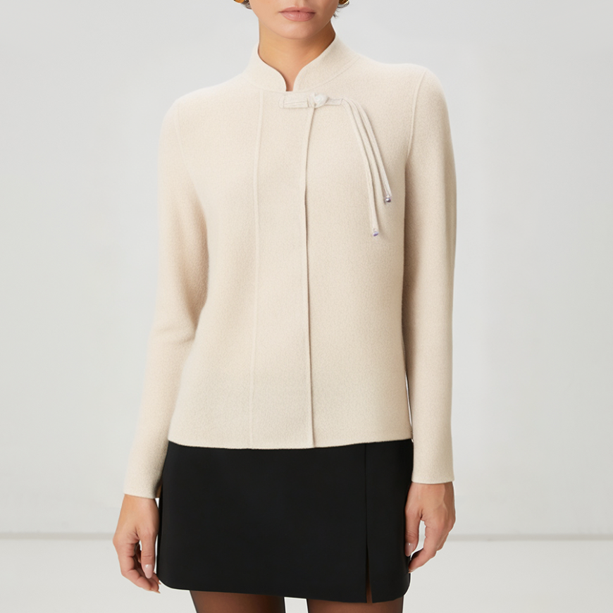 Beige stand-up collar women's wool jacket