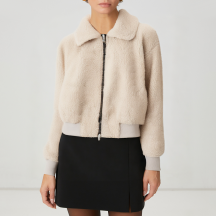 Stylish lapel double zipper women's wool jacket